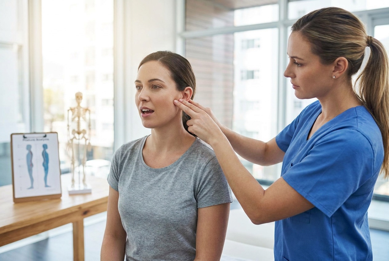 Therapeutin untersucht das Kiefergelenk einer Patientin