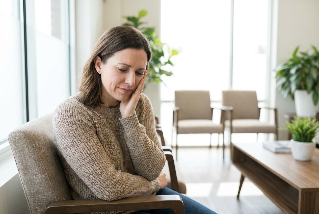 Patientin hält sich den schmerzenden Kiefer