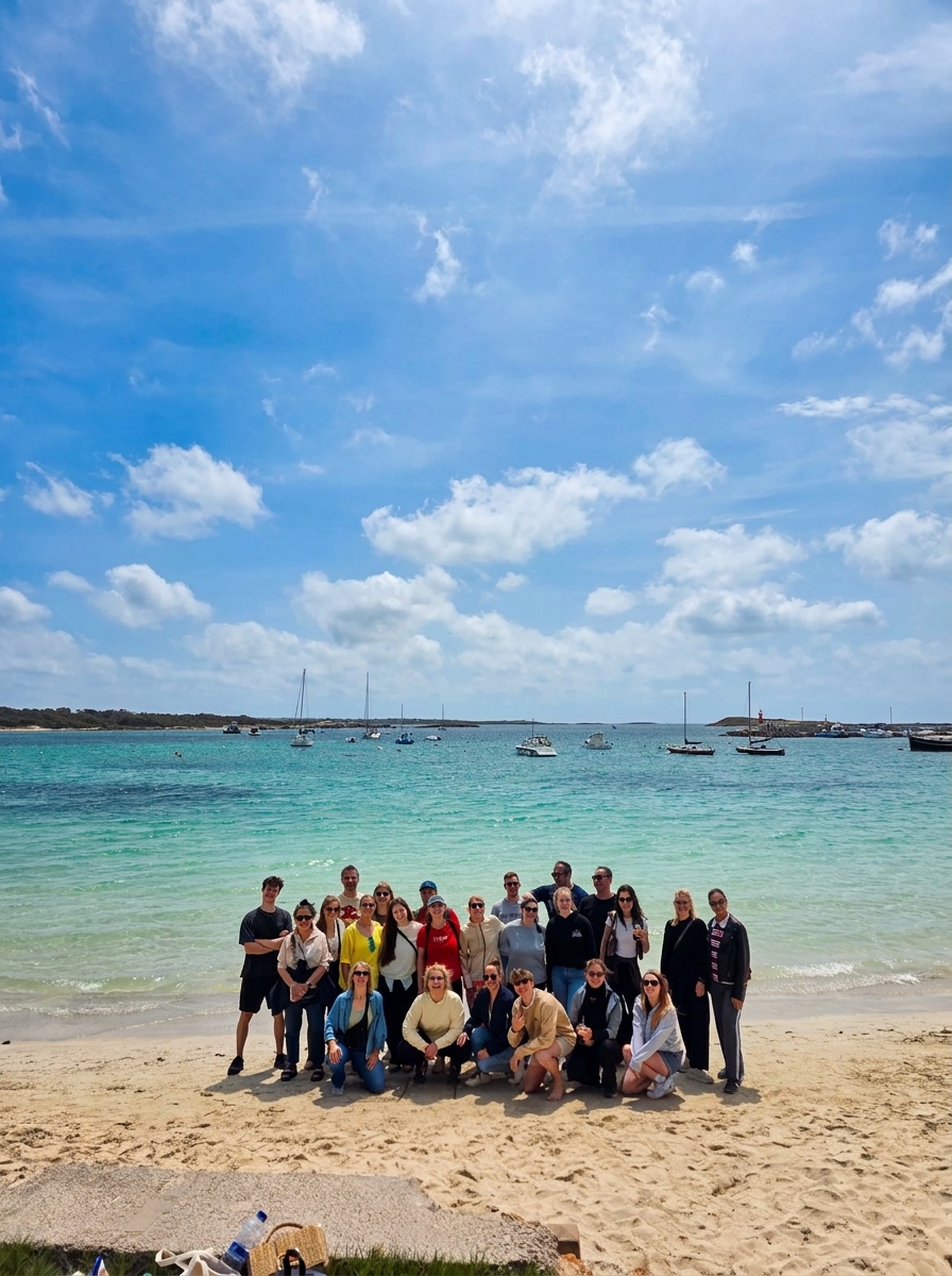 Das Team des Rehazentrums Halderstrasse beim Teamausflug am Strand mit Segelbooten